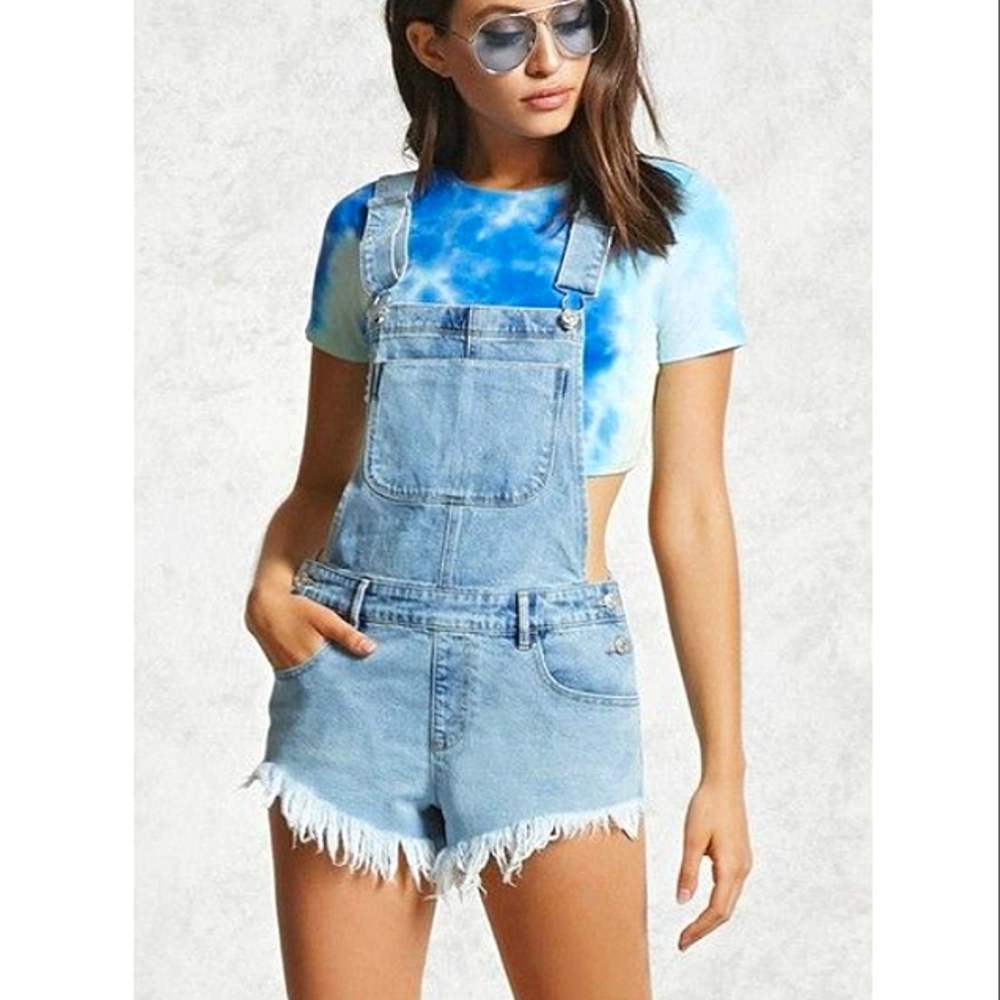 Forever 21 Cut Offs Denim Overalls Coveralls Chambray High Rise Frayed Shortalls